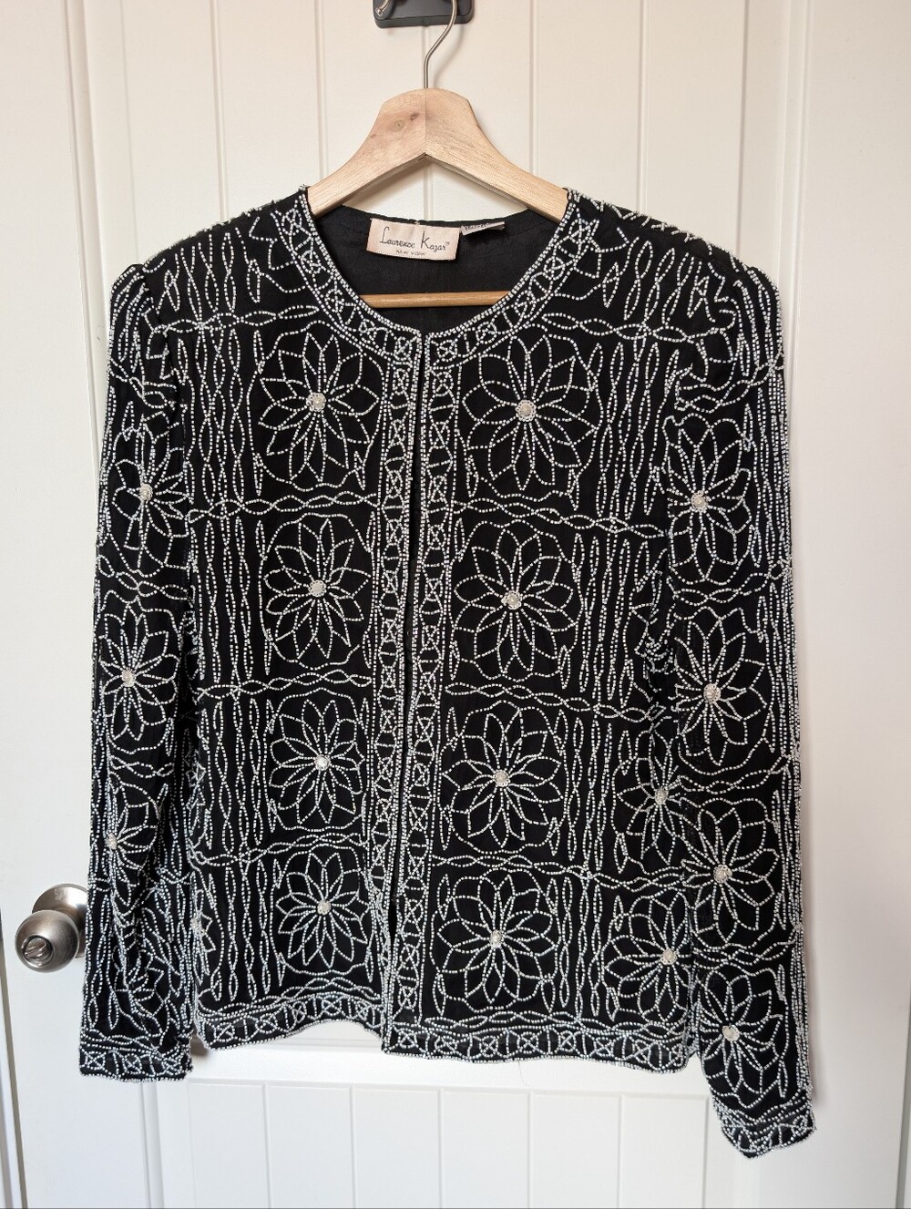 Vintage Laurence Kazar Beaded Silk Blazer Large White/Black